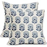 Aytipun Blue Floral Block Print Pillow Covers 18x18 Set of 2 Flower Pattern Cream Decorative Throw Pillowcases Outdoor Rustic Farmhouse Cushion Cases Decor for Home Couch Sofa Bed