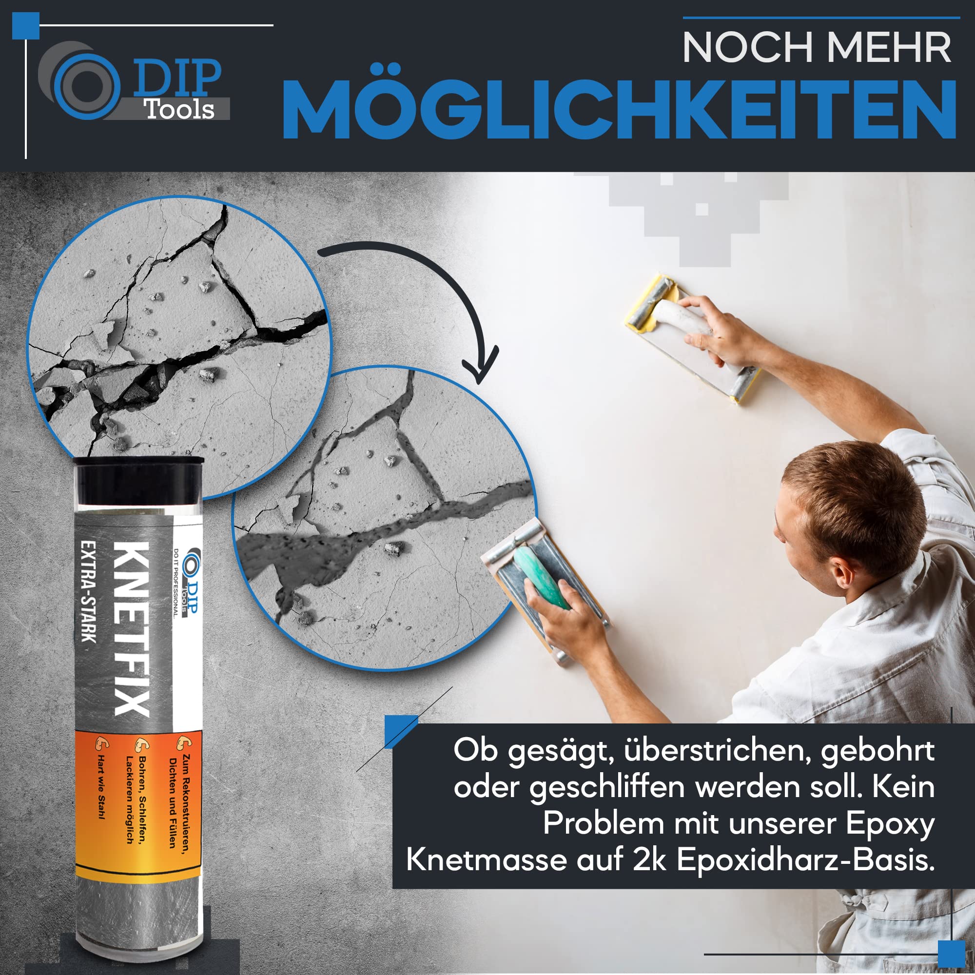 DIP-Tools Wasserdichte 2k Epoxidharz Knete - Epoxidharz mit Härter - 2 Komponenten Kleber - 2k Kleber - Powerknete, Reparaturknete (1x56g) 8