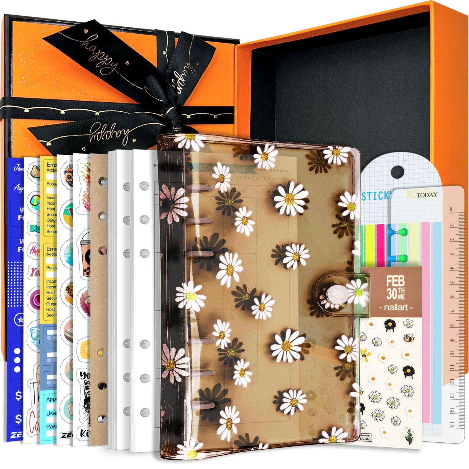 A6 6-Holes Colorful PVC Cover Round Ring View Binder with Snap Button Closure File Folder(Black Daisy, A6 Gift Box)