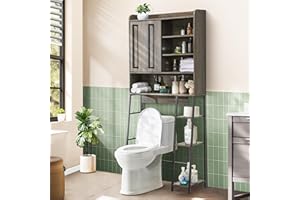 Decofy Over The Toilet Storage Cabinet, 31.5" L x 7.7" W x 66.9" H, Bathroom Organizer with Adjustable Shelves and Sliding Door, Farmhouse Above Toilet Storage for Small Bathrooms, Sturdy Metal Frame