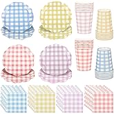 72pcs Gingham Dessert Paper Plates and Napkins Set 9 Inch Colorful Scalloped Picnic Paper Plate Disposable Plaid Cocktail Napkin Checkered Dinner Party Set for Picnic Wedding Birthday (4 Colors)
