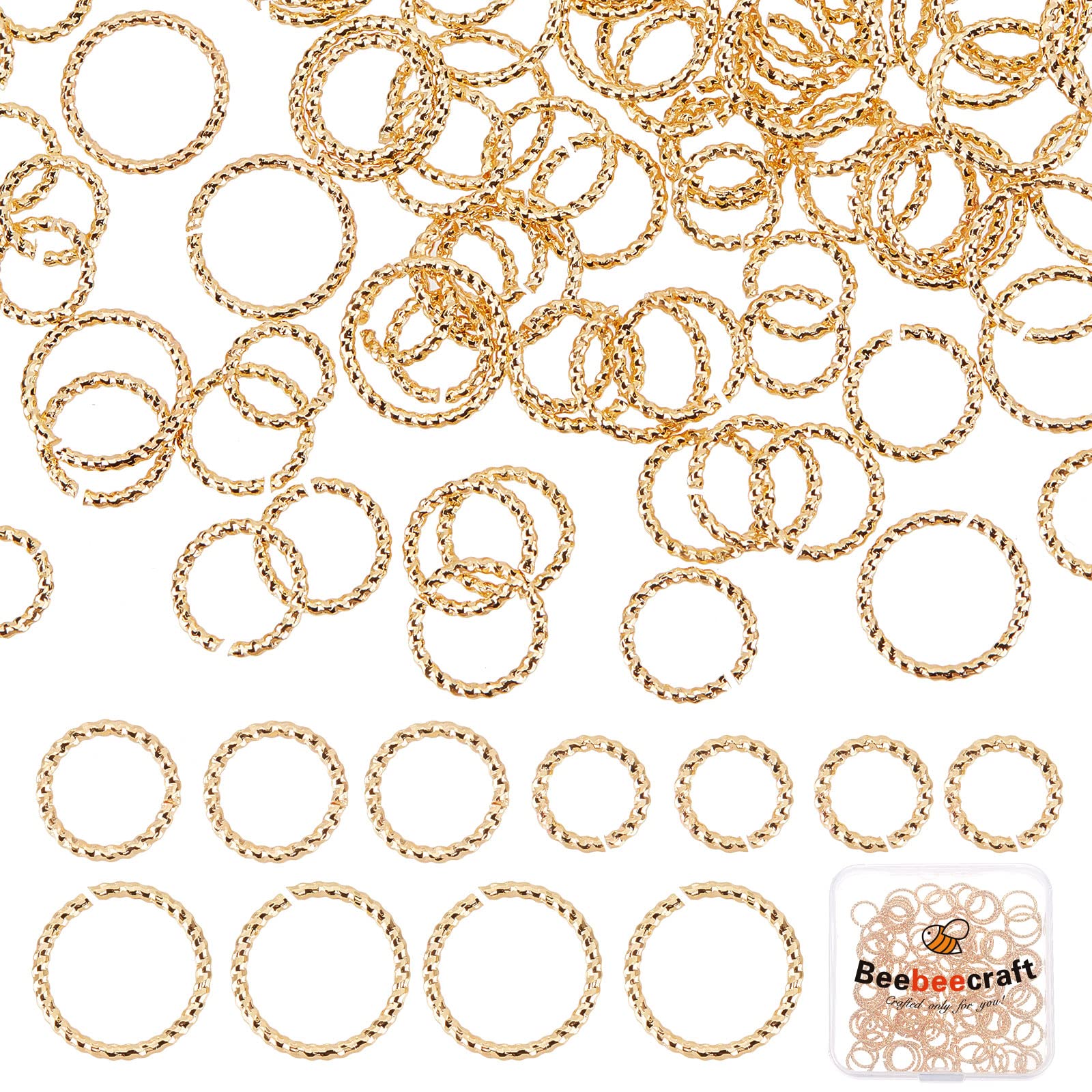 Beebeecraft 150Pcs 3 Size Twisted Open Jump Rings 18K Gold Plated Jump Rings Connectors 12mm O Rings 8/10/12mm for DIY Earring Bracelet Necklace