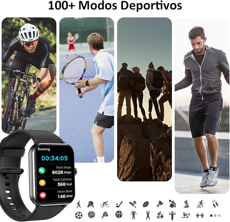 Smartwatch Hombre (Realizar/Recibir Llamadas), 1.85" Reloj Inteligente Hombre - Pulsómetro/Oxímetro/Sueño, Whatsapp Mensajes, Pulsera Actividad - 100 Modos Deportivos, Podómetro, Android iOS