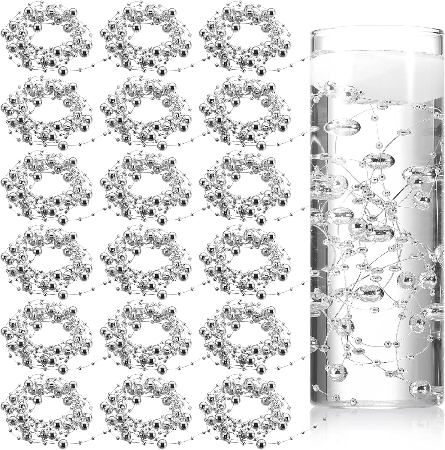 Vase Fillers - 157 Feet 24 Strings Pearl String for Floating Candles Highlight Faux Pearl for Vase Filler for Wedding Dinning Table Party Home Centerpieces (Silver)