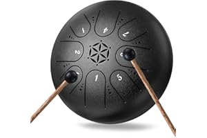 PUJONI Steel Tongue Drum Hand Drums: 6 Inch 8 Notes Metal Musical Instruments, Music Gifts for Family Friends (Black)