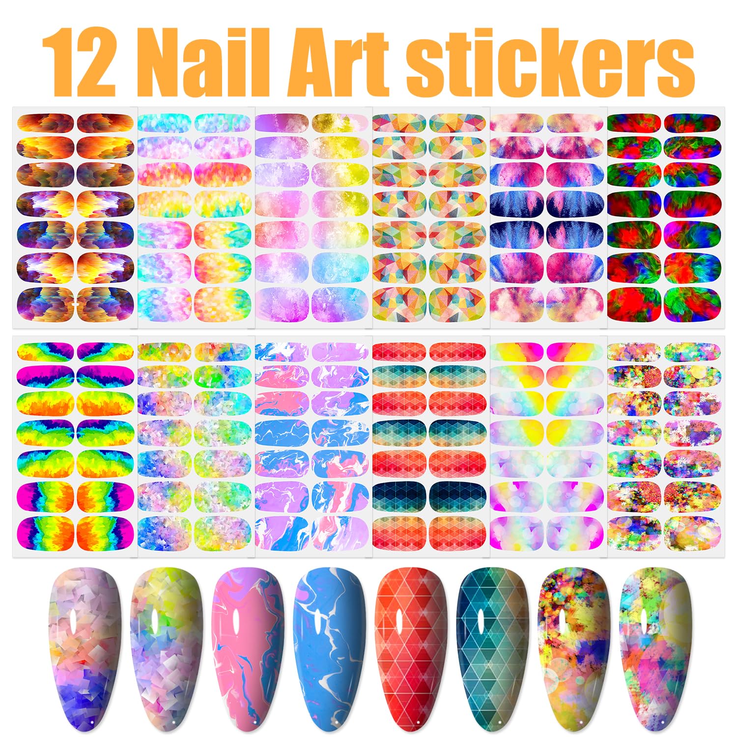 WOKOTO 12 Sheets Graffiti Nail Polish Stickers Full Wraps for Women Aurora Gradient Gel Nail Polish Strips for Women Girls Gel Nail Stickers Mix Color Stick On Nails - Image 2