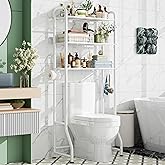Simple Trending Over The Toilet Storage Rack, Metal 3 Tier Bathroom Organizer Shelf with Paper Holder and 3 Hooks, Freestanding Shelf Space Saver Above Toilet, White