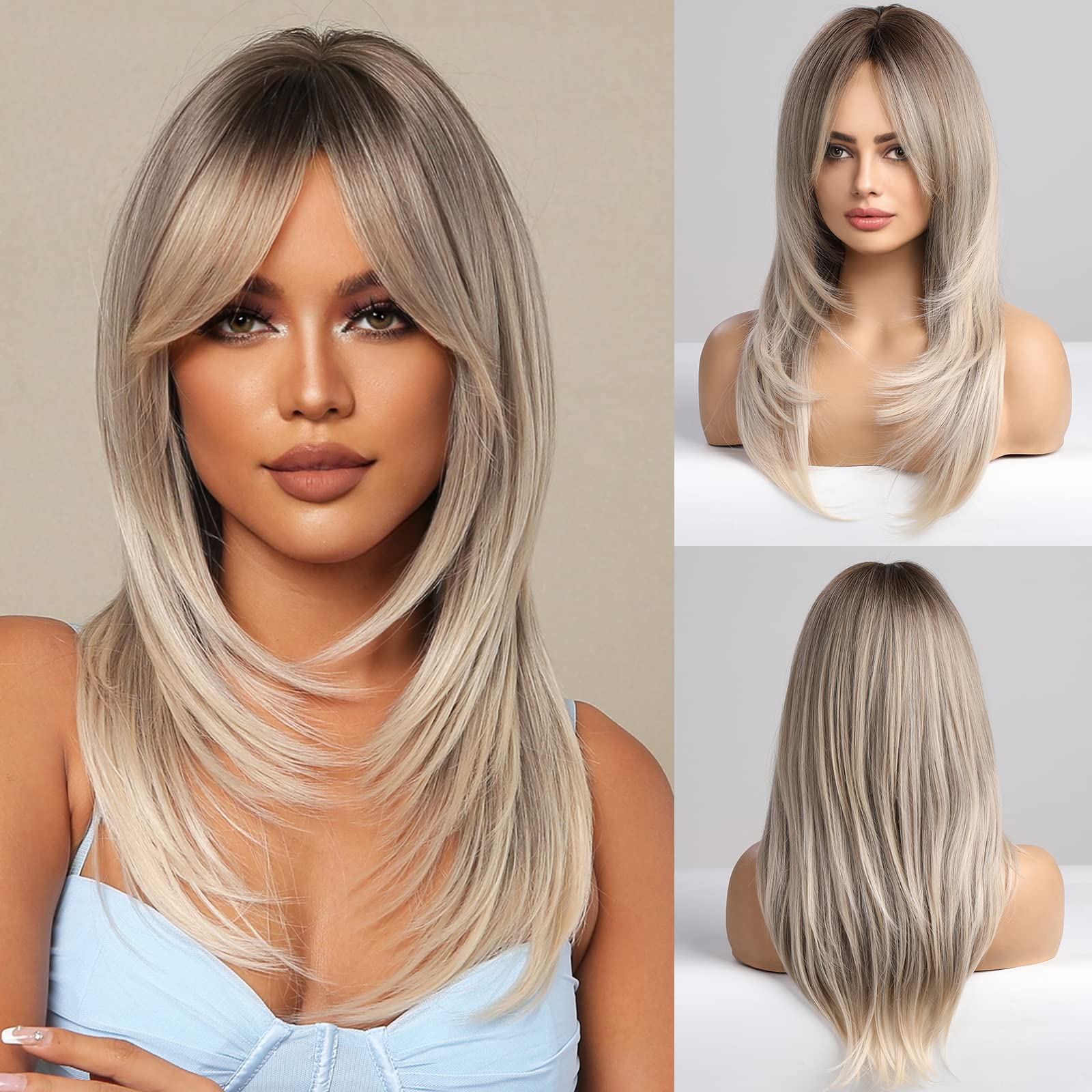 Photo 1 of HAIRCUBE Grey Blonde Wigs for Women,Long Layered Ombre Wigs with Bangs Heat Resistant Synthetic Fibre Wigs(pelucas de cabello natural)