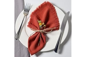 Dololoo Handmade Cloth Napkins with Fringe,18 x 18 Inches Cotton Linen Napkins Set of 4 Versatile Handmade Square Rustic Fringe Napkins for Dinner, Wedding and Parties, Terracotta