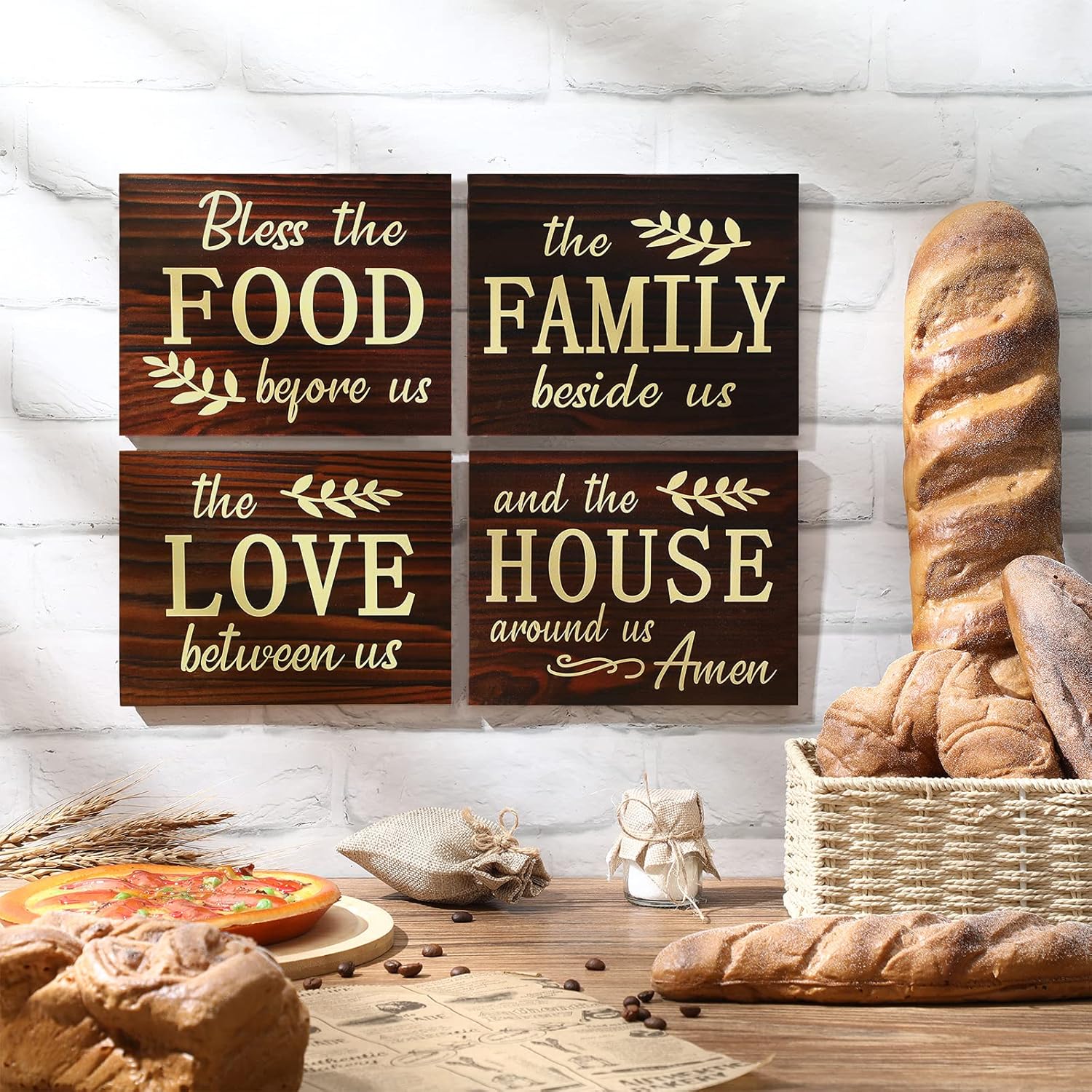 4 Pieces Bless The Food Before Us Wood Sign, Family Beside Us Wood Wall Sign, Love Between Us Wooden Sign, House Around US Wooden Sign Plaque for Farmhouse Kitchen, Living Room, Dining Room