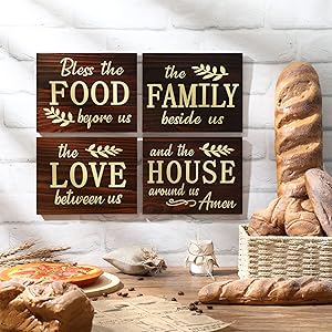 4 Pieces Bless The Food Before Us Wood Sign, Family Beside Us Wood Wall Sign, Love Between Us Wooden Sign, House Around US Wooden Sign Plaque for Farmhouse Kitchen, Living Room, Dining Room