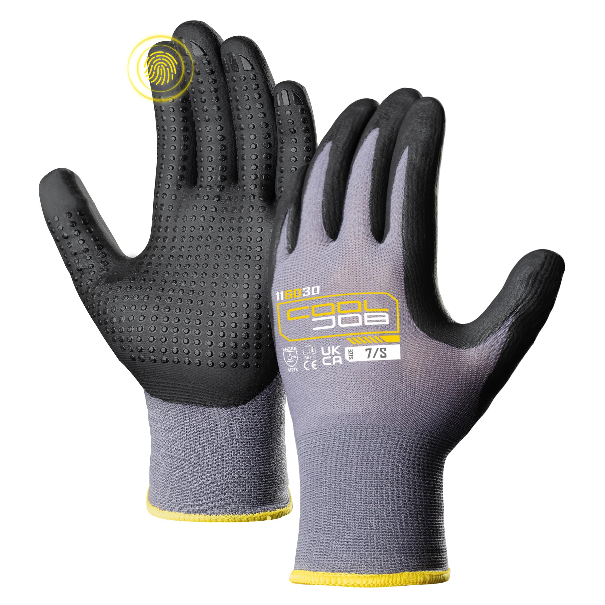 COOLJOB 3 Pairs Nitrile Rubber Work Gloves with Grip Dots, Gardening Gloves with 2 Fingers Touchscreen, Non-slip Coated for Warehouse, Home Improvement, Yard, Grey, Small