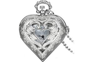 Avaner Retro Alloy Angle’s Wing Heart Locket Shape Hollow Arabic Numbers Display Analog Quartz Pocket Watch with 30" Chain (Silver)