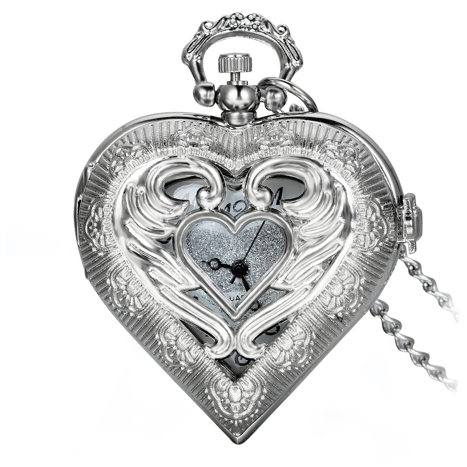 Avaner Retro Alloy Angle Wing Heart Locket Shape Hollow Pendant Arabic Numbers Display Analog Quartz Pocket Watch Jewelry Necklace with 30" Chain
