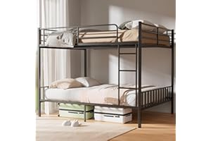 Feetice Queen Over Queen Bunk Bed, Heavy Duty Metal Bunk Bed with PVC Anti-Slip Ladder & Full-Length Guardrails, Noise-Free Bunk Bed Frame for Adults, Teens, Black