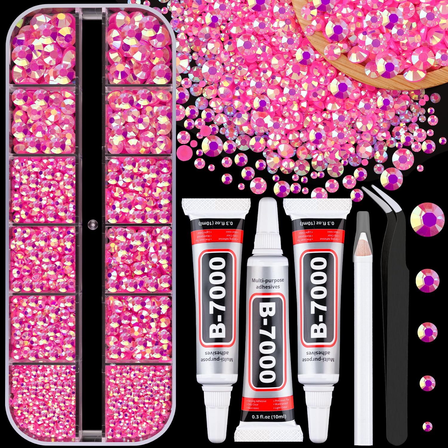 Photo 1 of Resin Jelly Rhinestones for Crafting with B7000 Jewelry Glue, 1 Box Hot Pink AB Flatback Crystal with 3Pcs 10ml Glue, Bedazzling Non Hotfix Gems for DIY Tumblers Clothing Shoes Manicure