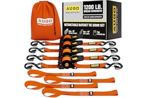 AUGO Retractable Ratchet Straps – 1" x 10' – 1200Lb Breakstrength – 4 Heavy Duty Self Retracting Tie Downs with Safety Lock S Hooks, Soft Loops & Storage Bag – for Motorcycle,Tree Stand,Bed,Boat,Cargo