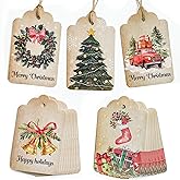 Vintage Christmas Gift Tags with String - 45 Quality Paper Labels for Personalizing Your Christmas Presents, 5 Holiday Designs, 2 x 3 Inch Rustic Xmas Gift Name Tags for Presents & Gifts Bags Wrapping