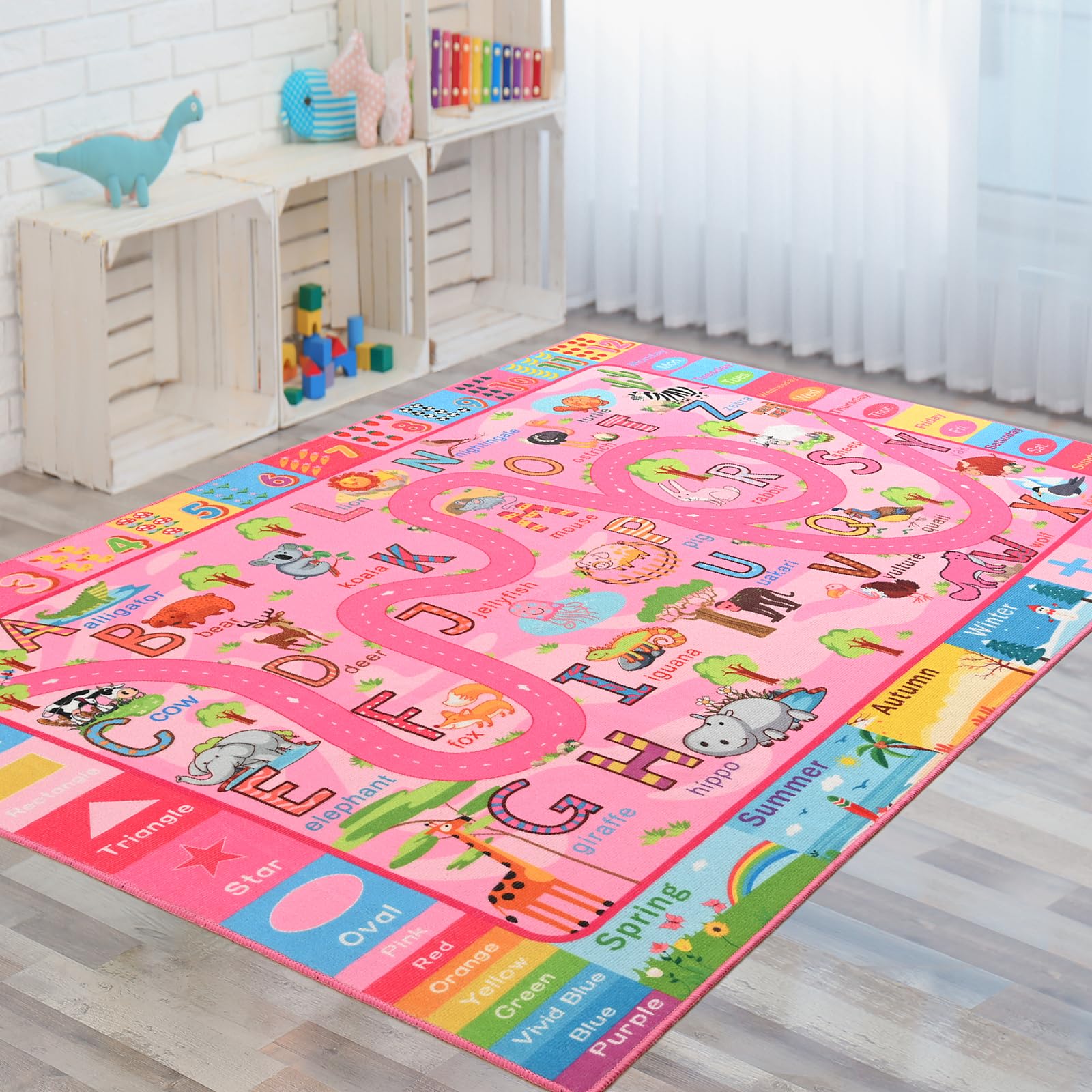 Photo 1 of Terrug Kids Rug for Playroom, Educational Classroom Rug for Kids Room, Washable Nursery Rugs Non Slip Playroom Rugs Play Mat for Learning ABC Carpet, Numbers, Animal, Colors, Season, 4X6 Feet, Pink