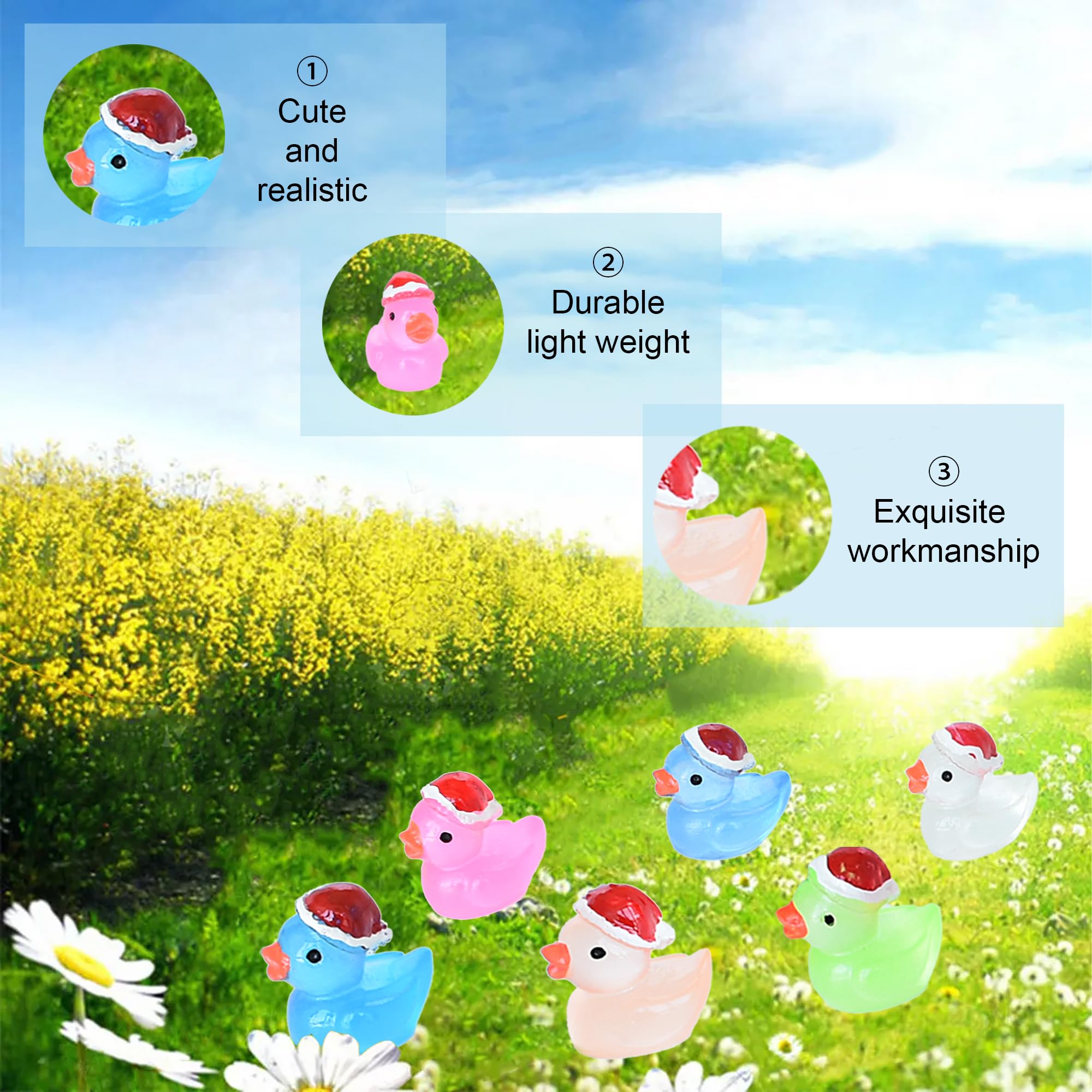 Tindobewan 50 PCS Tiny Ducks Glow in The Dark Mini Resin Ducks Miniature Christmas Hat Duck Figures Ornament for Xmas, Craft, Dollhouse, Slime, Home Decorations(10 Colors)
