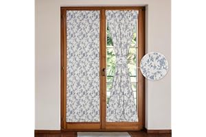 Moslovstar Linen French Door Curtains Set of 2, Elegant Country Style Retro Orchids Front Door Curtain Dual Rod Pocket Tiebacks Included, 25" W x 72" L