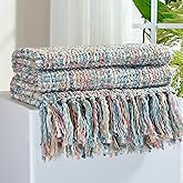 GINAMUSE Multi-Color Pink Blue Cable Knitted Throw Blanket for Couch,50"X60" Boho Style Textured Blankets for Home Decor,Super Soft Warm Cozy Chunky Knit Blanket with Decorative Tassels for Bed