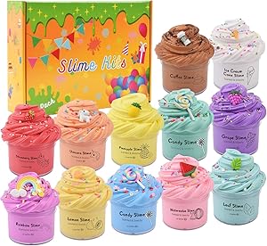 12 Pack Scented Butter Slime Kit with Coffee,Rainbow,Unicorn,Ice Cream,Watermelon Slime Charms and More,Soft and Non-Sticky DIY Novelty Slime Putty Toy,Party Favors for Girls Boys…