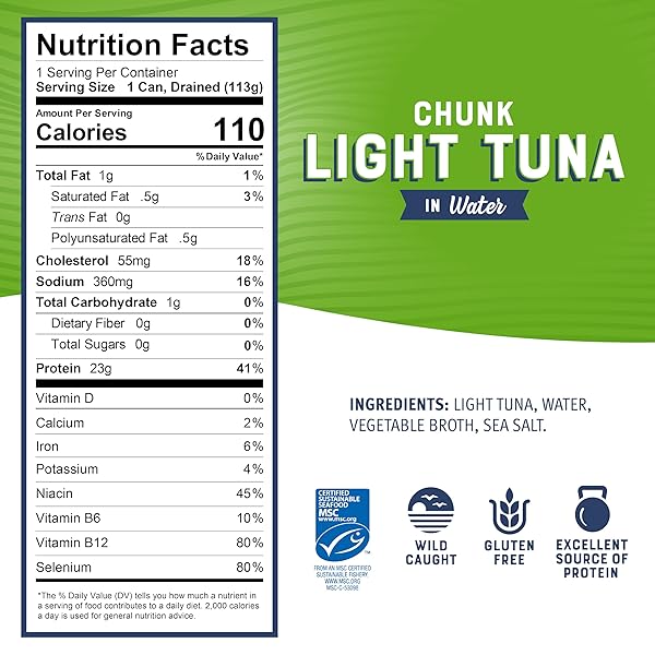 BUMBLE BEE CHUNK LIGHT TUNA IN WATER, 5 OZ CANS (PACK OF 24) – WILD CAUGHT SKIPJACK TUNA – 23G PROTEIN PER SERVING – MSC CERTIFIED SUSTAINABLE SEAFOOD, NON-GMO, GLUTEN FREE, KOSHER