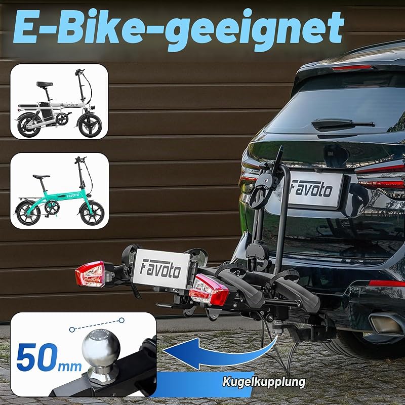 E-Bike Fahrradträger mit Klappbarer Rampe – Aluminium Heckträger für 2 Fahrräder bis 60 kg mit Rücklicht Diebstahlsicherung & Nummernschildhalter max 26x4.0 Reifen
