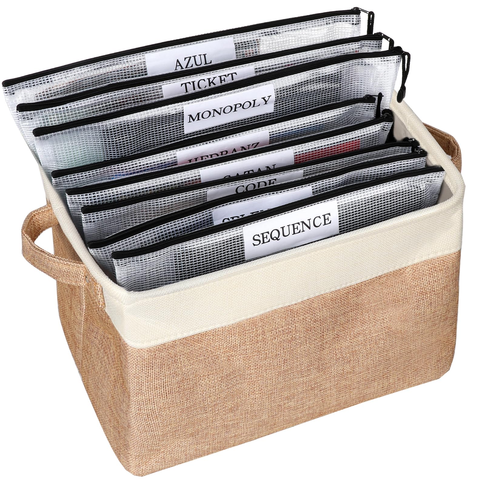 Photo 1 of Board Game Storage Kit Include Storage Basket and 10pcs Zipper Bags, Board Game Organizer with Writable Stickers and Dispensing, Suitable for Puzzle Storage, Toys, Document (1 Pack-Beige)