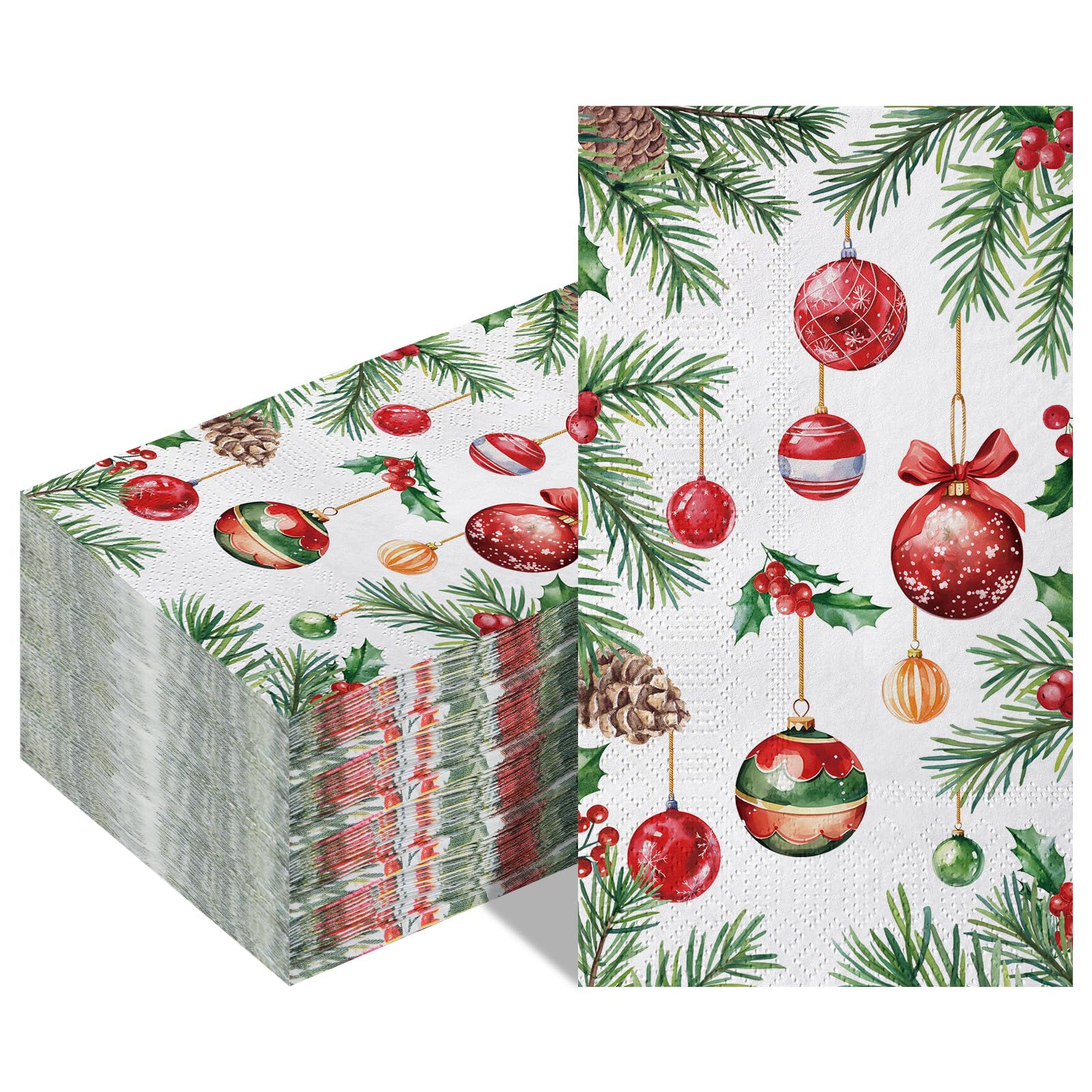 Photo 1 of 100 Pcs Christmas Napkins Disposable Christmas Paper Pack Dinner Hand Napkins Pine Cone Xmas Hanging Ball Guest Towels for Party Bathroom Home Kitchen Xmas Holiday (13 x 15.8 Inch,Classic Style)