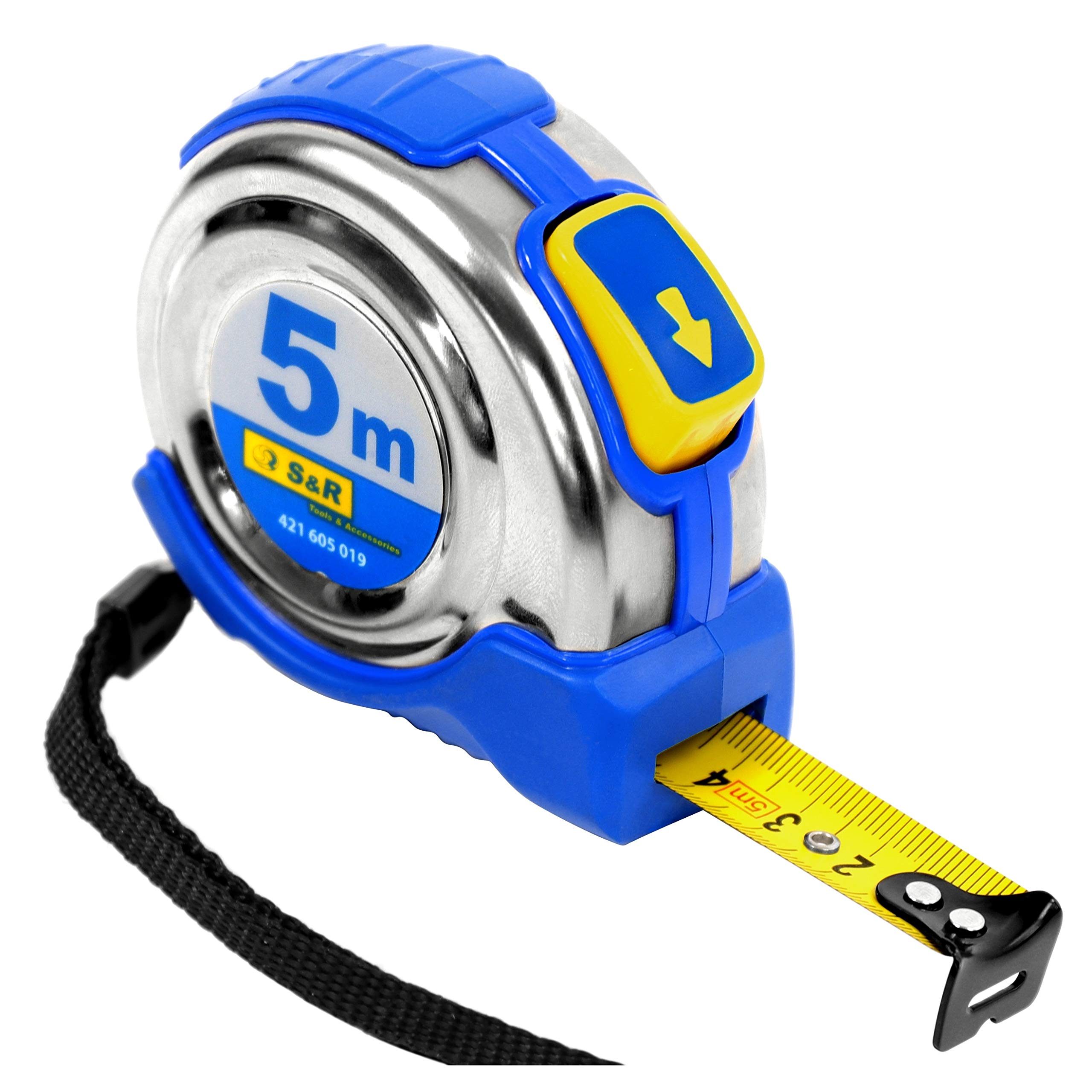 S&R tape measure 5.0 m x 19 mm, conveyor belt with compact stainless steel housing with belt clip, nylon polymer coated tape, Autolock, FERRO series, PROFI