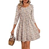 Huukeay Dresses for Women 3/4 Sleeve Crew Neck Casual Tunic Swing 2025 Dress Knee Length Pleated Fitted T Shirt Dress