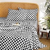 Wake In Cloud - Gingham Sheet Set, 4-Piece Sheet Set, Checkered Grid Plaid Checkerboard Geometric Preppy Hand Drawn Pattern Printed Bedding, Deep Pocket, Black White, King Size