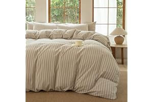 BESTDESIL Striped Duvet Cover Set 100% Washed Cotton Linen Like Soft Feelling Breathable Bedding(Strip-Beige/White,Queen)