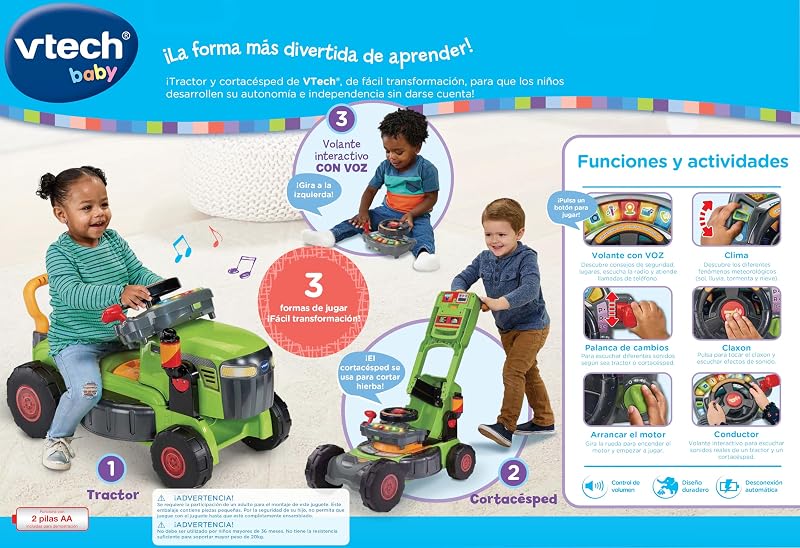 -Baby Convertible 3 en 1 Tractor y Cortacésped, Juguete +1 Año