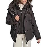 DKNY womens Short Puffer Coat With Hood and Faux Fur Trim – Quilted Winter Jacket