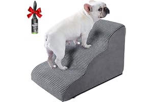 Ryoizen Dog Stairs Ramp for Small Dogs, Pet Stairs Tool for High Bed Couch, Dog Ladder as Puppy Stuff, 3 Tiers Non-Slip Pet Stairs with High Density Foam, Gifts Lint Roller for Dogs, Grey Black