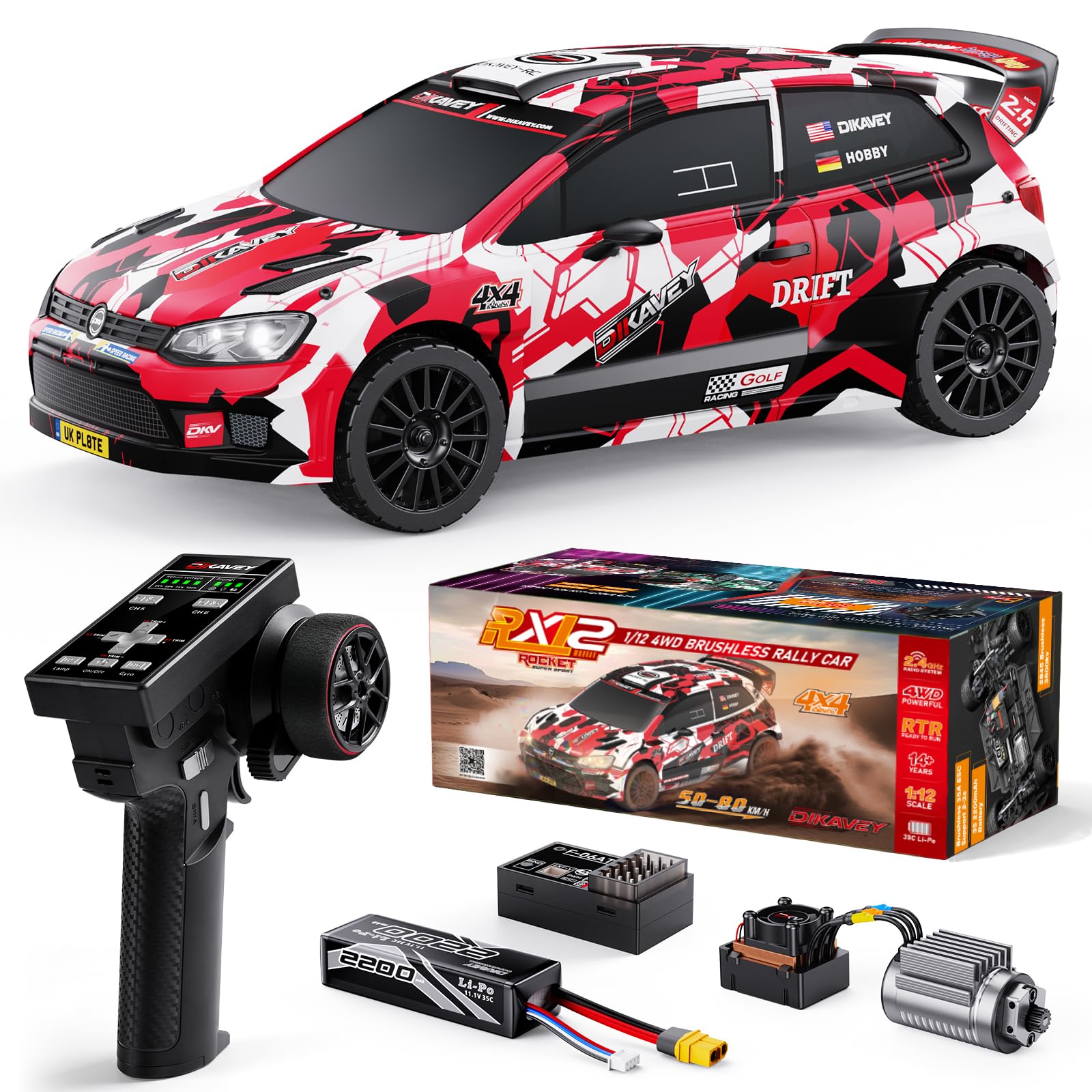 DIKAVEY 1/12 Fast RC Cars for Adults, Max 50 MPH Brushless RC Drift Car with Gyro, 4WD RTR High Speed RC Rally Cars, with 3S 2200 mAh Drifting RC Remote Control Car for Adult — image 1