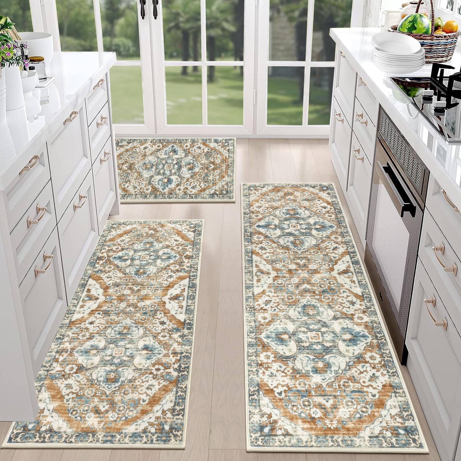 Photo 1 of HEBE Farmhouse Kitchen Rug Sets of 3 Non Slip Washable Kitchen Rugs and Mats for Floor Boho Floor Carpet Runner for Kitchen, Laundry, Hallways