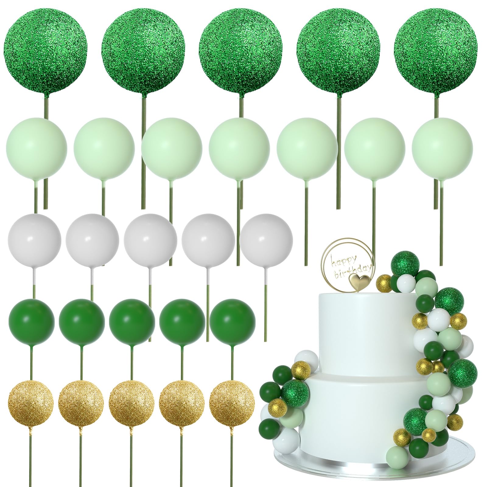 Photo 1 of ASTARON 50 Pcs Ball Cake Topper Sticks Mini Balloons for St Patrick's Cake Decorating Supplies Foam Balls Cake decorations for Christmas Baby Shower Birthday Cake Decorations (Green Series)