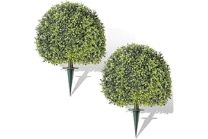 Lewondr Artificial Boxwood Topiary Ball Trees, 22.83'' Fake Plants Outdoor with Ground Spike, Set of 2 UV and Fade Resistant Faux Greenery Shrubs for Outdoor Indoor Front Porch Garden, Green
