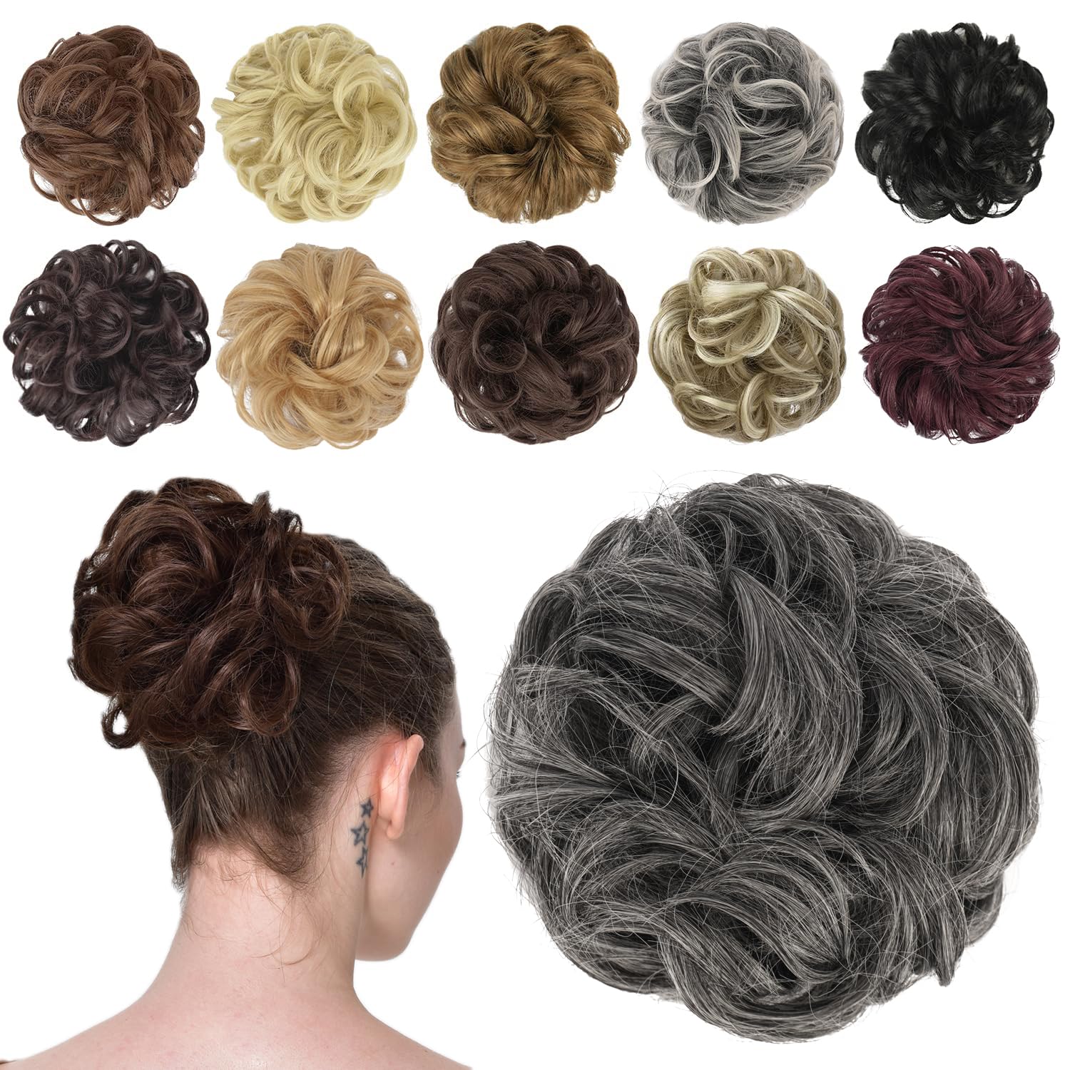 Photo 1 of FESHFEN Messy Bun Hair Piece - Elastic Wavy Curly Hair Bun Scrunchies Extensions Synthetic Chignon Hairpieces for Women Girls, Dark Salt and Pepper 1.5 oz