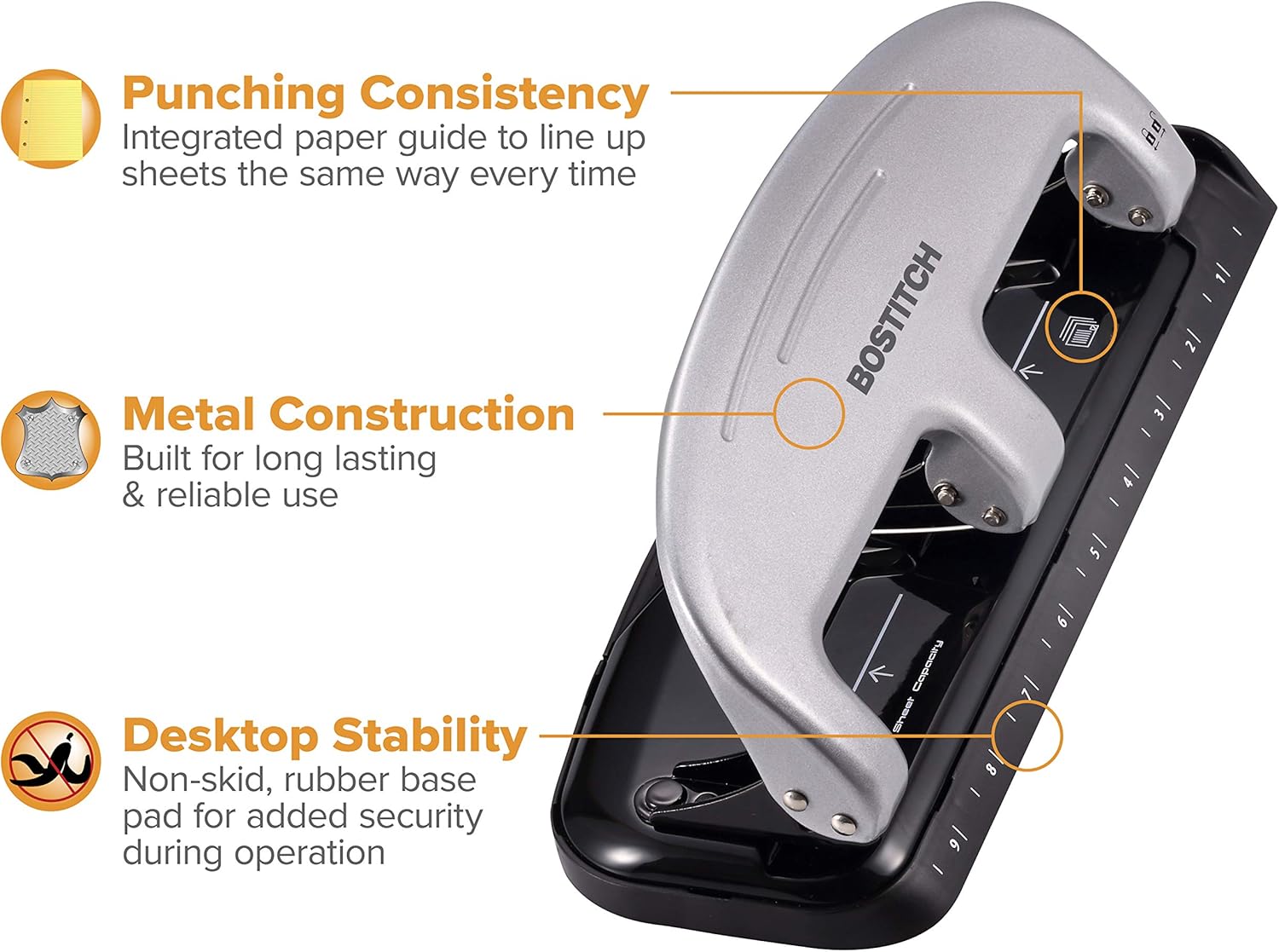 Bostitch inPRESS 20 Reduced Effort Three-Hole Punch, Silver, Black (2220) : Multi Hole Paper Punches : Office Products