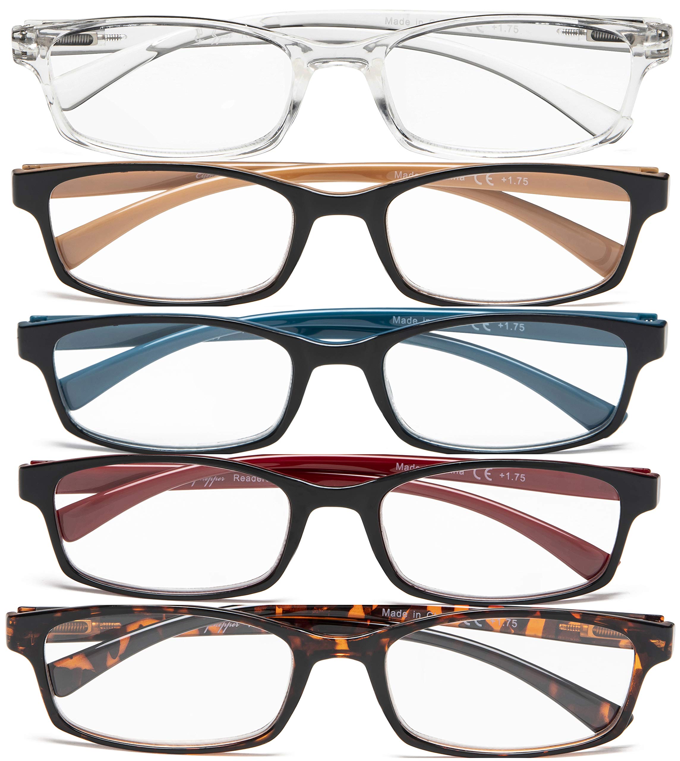 CessBlu Reading Glasses 5 Pair Spring Hinge Comfort Reader Eyeglasses for Men Women Reading +2.25