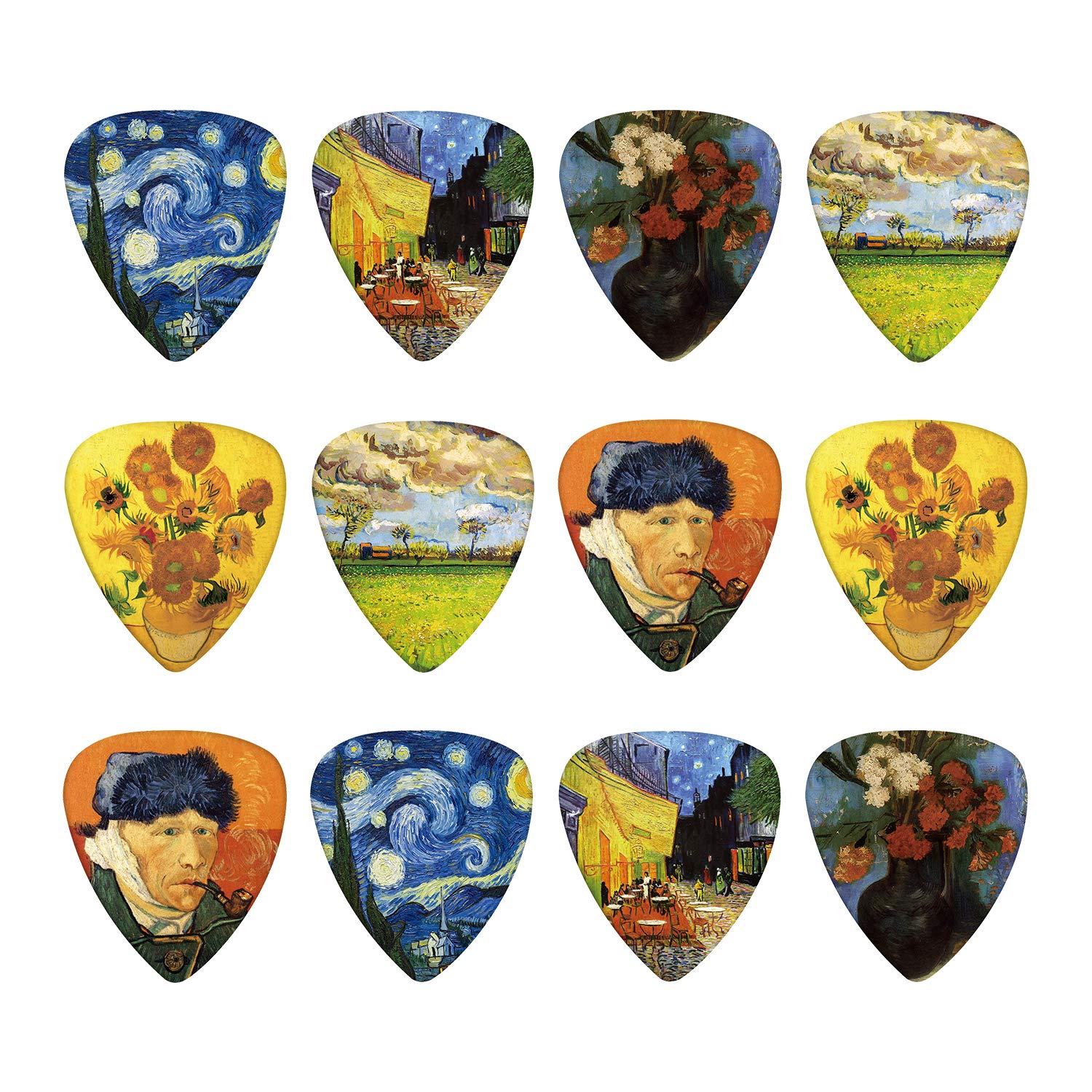 BestSounds 12 Pack Celluloid Guitar Picks Set, Van Gogh Guitar Picks, Metal Pick Storage Box - Unique Guitar Gift For Bass, Electric & Acoustic Guitars (0.71mm)