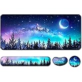 Keyboard Wrist Rest + Mouse Pad with Wrist Support + Desk Mat + Coaster 4 in 1 Set, XXL Large Gaming Mousepad Cute Ergonomic Mouse Pads for Desk Computer Laptop Office Decor-Forest Moon