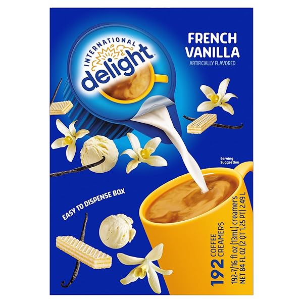 INTERNATIONAL DELIGHT, FRENCH VANILLA, SINGLE-SERVE COFFEE CREAMERS, 192 COUNT (PACK OF 1), SHELF STABLE NON-DAIRY FLAVORED COFFEE CREAMER, GREAT FOR HOME USE, OFFICES, PARTIES OR GROUP EVENTS
