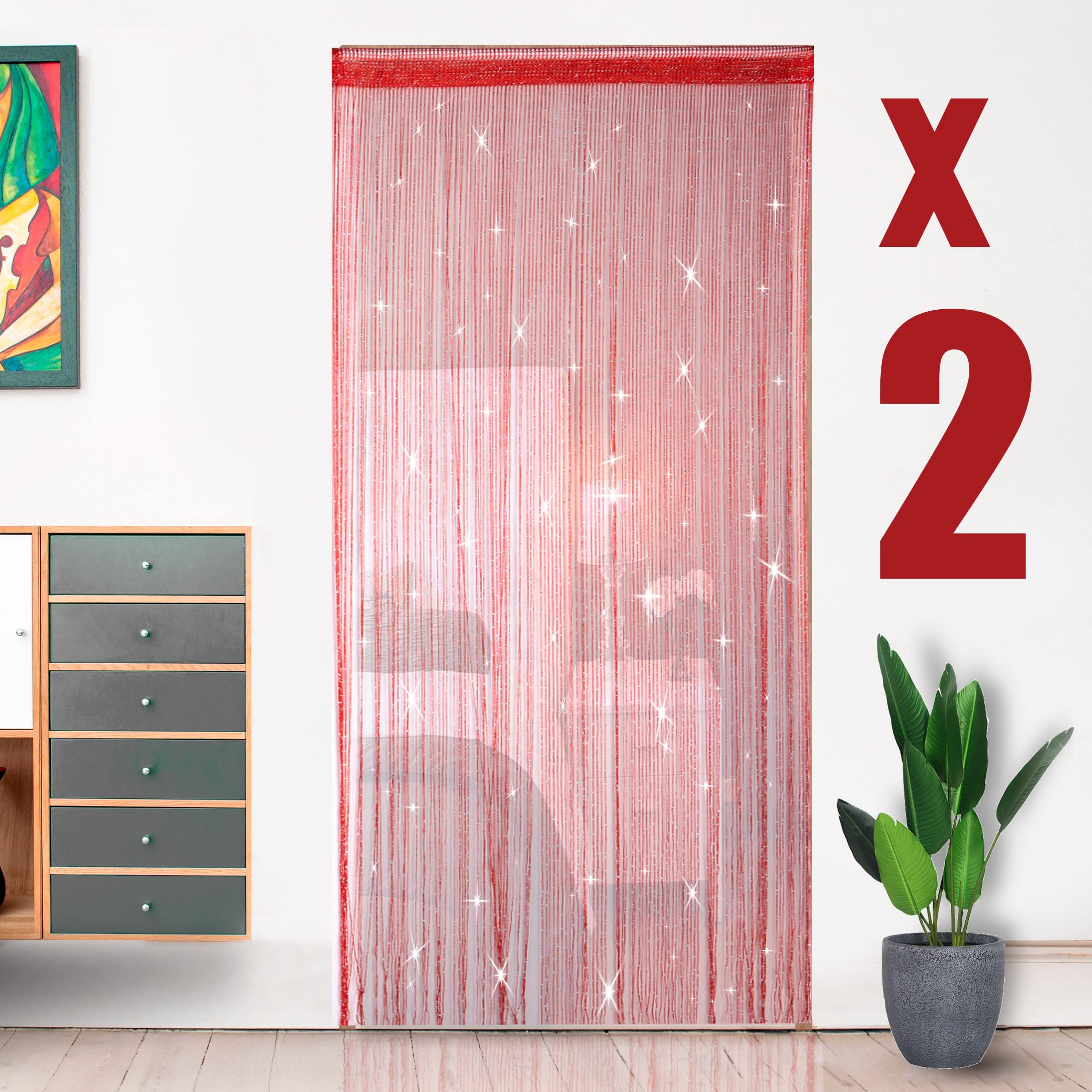 HYSENM 2 Pack Beaded Door Screens - 100 x 200cm Fly Screen Curtains for Doorways - Red