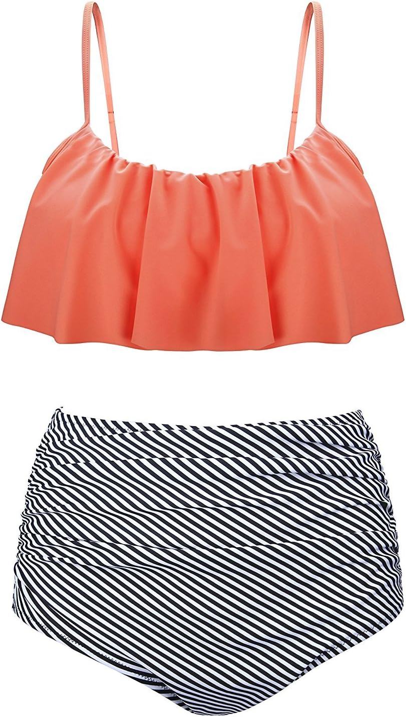 Sherrylily Womens Two Pieces Swimsuit High Waisted Halter Ruffled Swimwear Bathing Suit